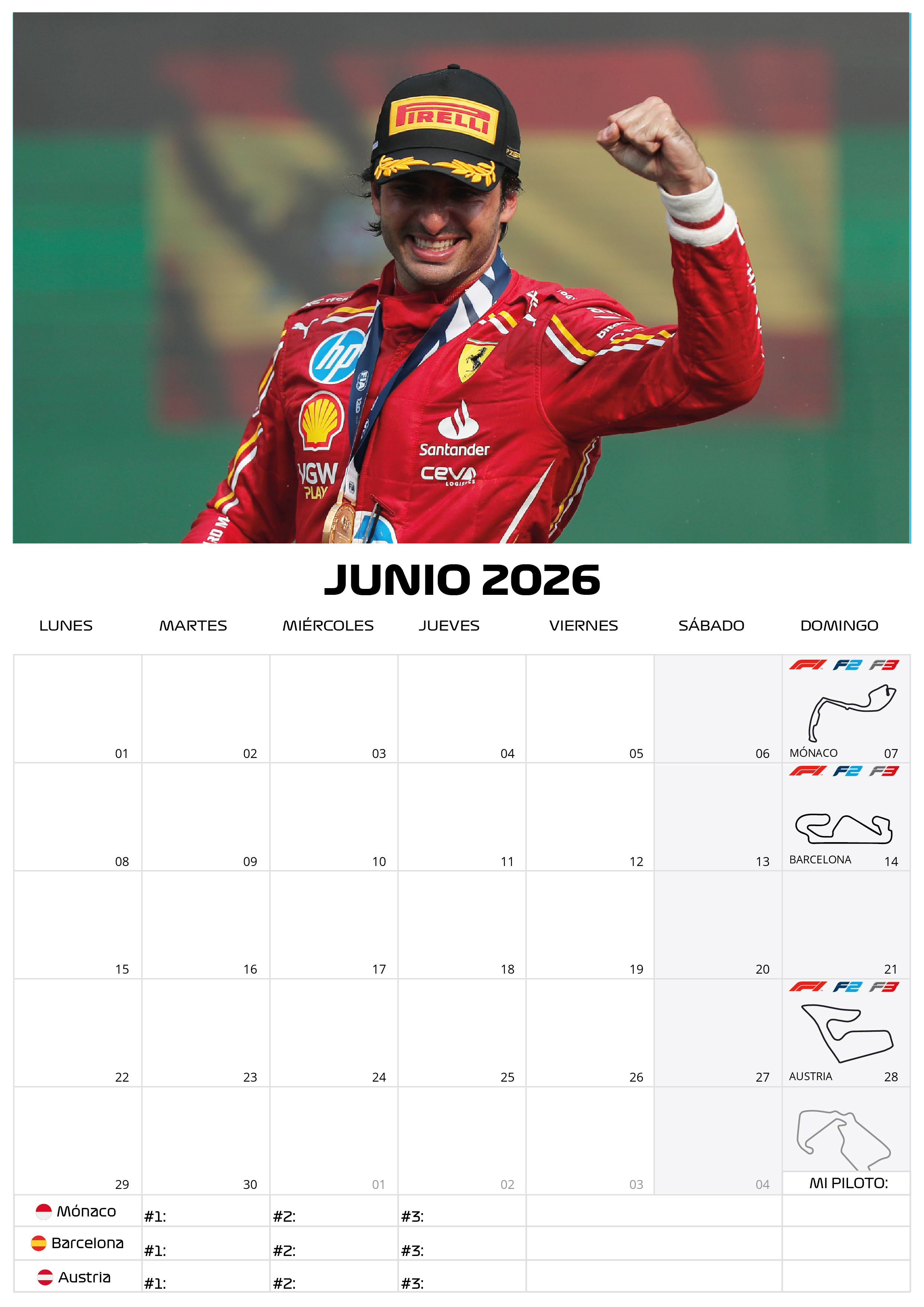 Calendario F1 2026 - Carlos Sainz Edition PDF Descargable